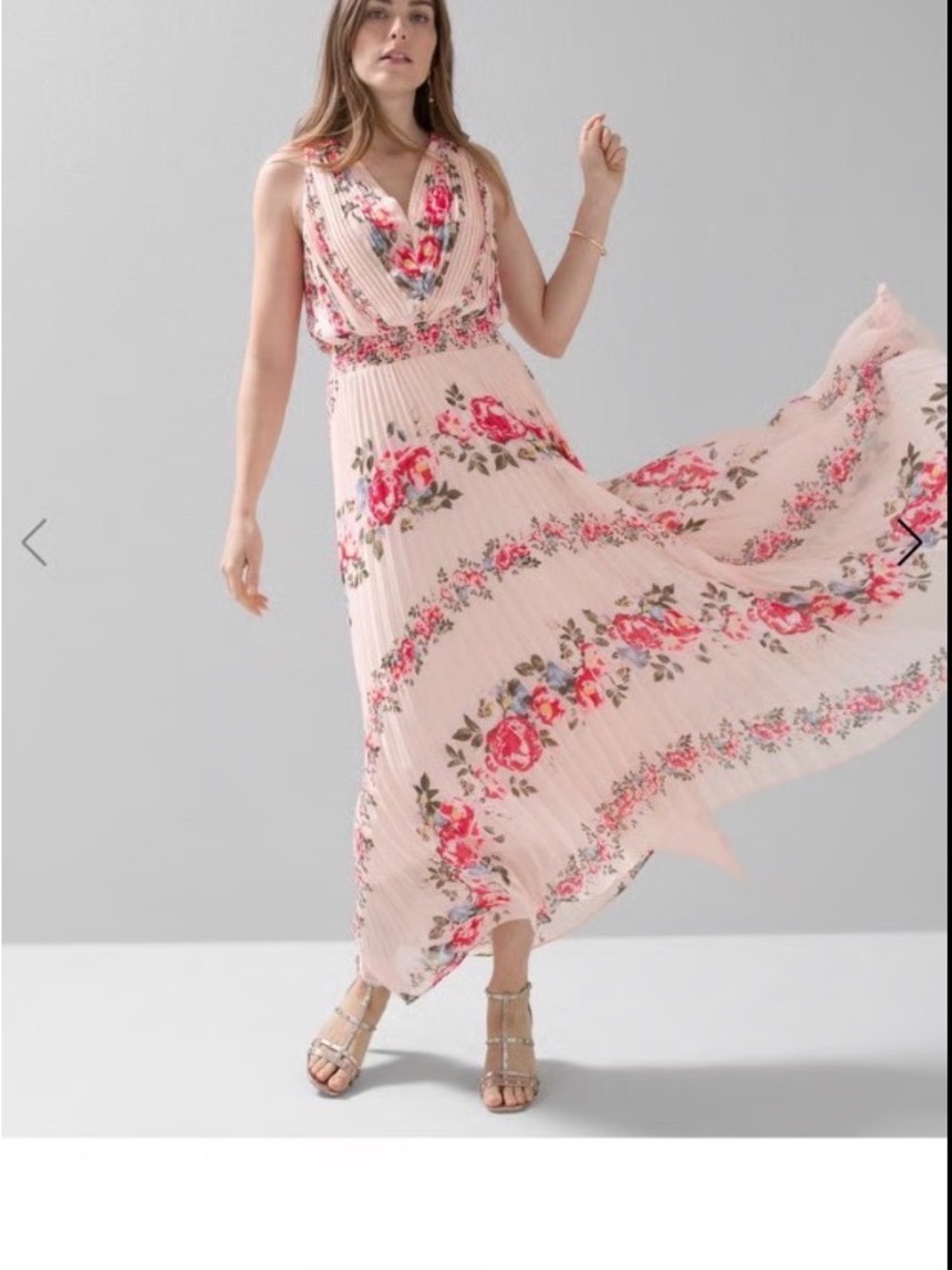 White House Black Market Romantic Pink Floral Pleated Maxi Dress Size 6